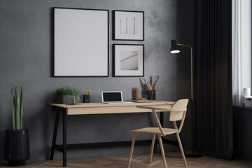 A wooden table with a poster Mockup a desk with a lamp