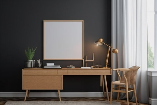 A wooden table with a poster Mockup a desk with a lamp