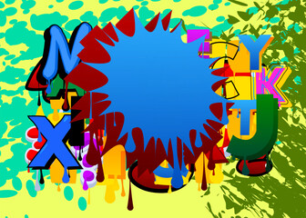 Blue and red Speech Bubble Graffiti on colorful Background. Vector illustration urban painting style backdrop. Abstract discussion symbol in modern dirty street art decoration.