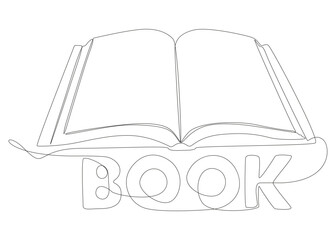 One continuous line of opened book with Book word. Thin Line Illustration vector concept. Contour Drawing Creative ideas.