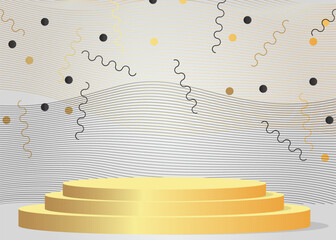 Black, white and gold cylinder pedestal podium. Abstract minimal geometric forms, empty scene. Mockup Stage showcase for product display, presentation.