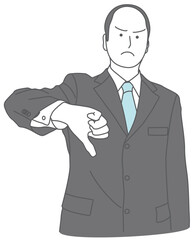 サムズダウンをするスーツ姿の男性