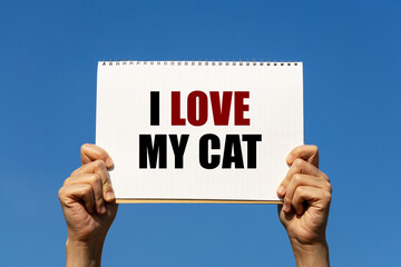 I love my cat text on notebook paper held by 2 hands with isolated blue sky background. This message can be used as business concept about cat.