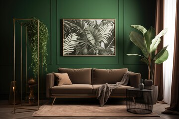 Luxury living room in house with modern interior design, green velvet sofa, coffee table, pouf, gold decoration, plant, lamp, carpet, mock up poster frame. Template. Generative Ai