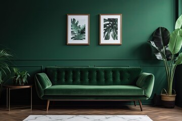 Luxury living room in house with modern interior design, green velvet sofa, coffee table, pouf, gold decoration, plant, lamp, carpet, mock up poster frame. Template. Generative Ai