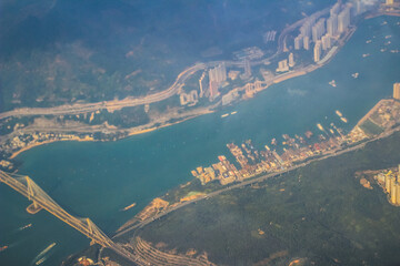 29 Oct 2013 hong kong skyline, view from a flying airplane.