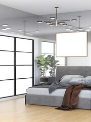 Interior of modern bedroom with grey walls, wooden floor, comfortable master bed with grey linen and mockup posters. AI Generative