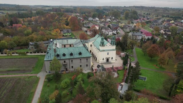 Aerial view of the Sanctuary of Visitation of the Blessed Virgin Mary in Żarki, Poland