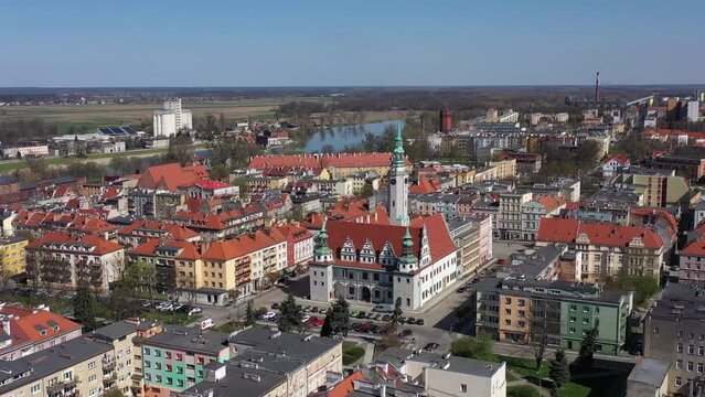Aerial view of Town Hall and city center in Brzeg, Poland.