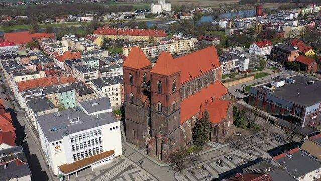 Aerial view of the Church of St. Nicholas in Brzeg, Poland. Drone view.