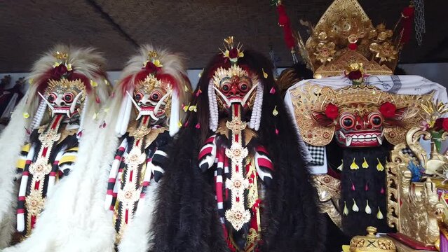 Balinese Masks of Celuluk Rangda and Barong in Hindu Procession Temple Ceremony of Bali Hindu Religion, Mythological Creatures, Indonesia