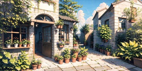 anime style background, landscape, park, greenhouse, garden, backyard, architecture, blue sky, generative ai, generative, ai  