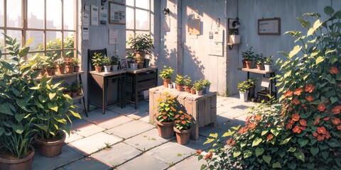 Obraz premium anime style background, landscape, park, greenhouse, garden, backyard, architecture, blue sky, generative ai, generative, ai 