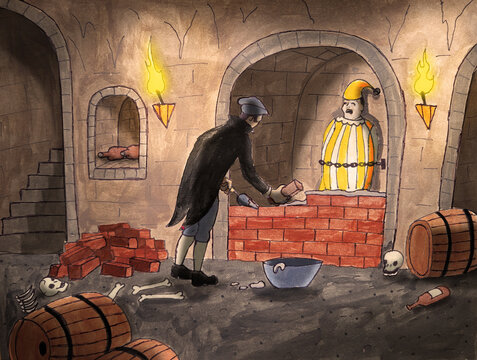 From Poe's Cask of Amontillado, Fortunato meets his fate.  Original art by Dave Rheaume, story is public domain.  No releases required.
