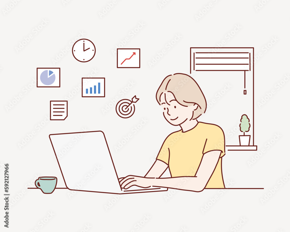 Wall mural creative worker using digital devices and programs in project. hand drawn style vector design illust