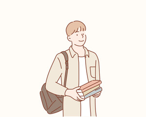 Portrait of smiling young college student with books and backpack. Hand drawn style vector design illustrations.