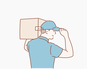 Side view of delivery man with box. Hand drawn style vector design illustrations.
