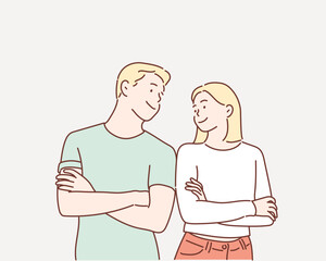 Portrait of a cheerful young couple standing with arms folded and looking at each other. Hand drawn style vector design illustrations.