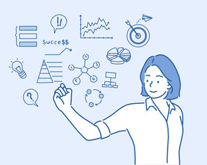 Women drawing her  business project. Hand drawn style vector design illustrations.
