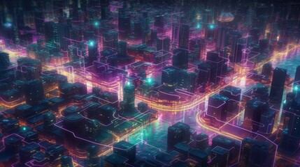Fototapeta premium A digital illustration of a city at night with neon network connection, smart city concept. Generative AI. 