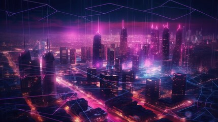 Fototapeta premium A digital illustration of a city at night with neon network connection, smart city concept. Generative AI. 