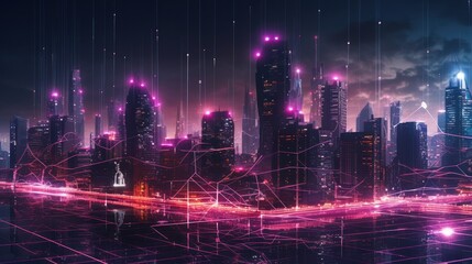 Obraz premium A digital illustration of a city at night with neon network connection, smart city concept. Generative AI. 