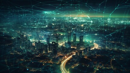 A digital illustration of a city at night with neon network connection, smart city concept. Generative AI. 