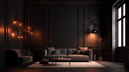 Interior mock up living room. cabinet for TV or place object in modern living room with lamp,table,flower and plant. AI Generative.