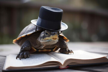 A turtle wearing glasses and a hat reads books. Generative AI.