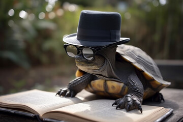 A turtle wearing glasses and a hat reads books. Generative AI.