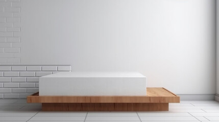 wooden top podium design blocks, cylindrical plinths, concept scenes, stage performances, products, creams, perfumes, with space for text. Modern surreal elements. Generative Ai.