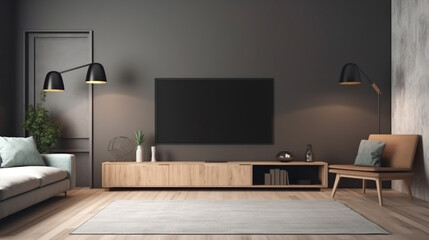 Interior mock up living room. cabinet for TV or place object in modern living room with lamp,table,flower and plant. AI Generative.