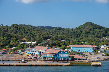 Fototapeta na wymiar Roatan, Honduras - March 30, 2023: Cruise port facilities at Roatan, Honduras.