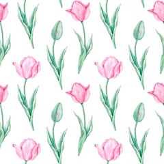 Obraz premium Seamless background with pink tulips green leaves on white background. Hand-drawn watercolor illustration. Delicate spring pattern for fabric, textile, wrapping paper, packaging, cover.