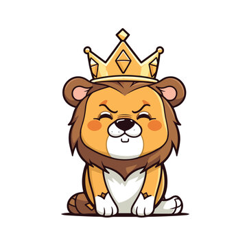 Mascot of cute lion king wearing golden crown. Cartoon flat character vector illustration