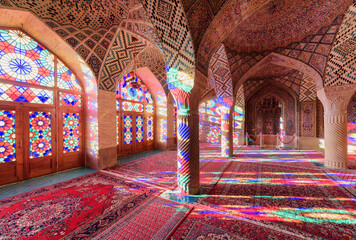 Wonderful view inside the Nasir al-Mulk Mosque. Shiraz, Iran
