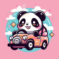 A cartoon panda is driving a car with a pink background and a pink background.