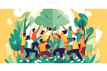 Flat vector illustration Diversity, teams and men working together in sport for support, motivation or purpose outdoors. In fitness, teamwork or successful game prep or...