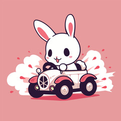 A bunny driving a car with a pink background.