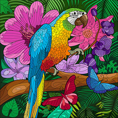 illustration of a parrot on a branch in the garden 