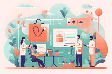 Fototapeta na wymiar Flat vector illustration Doctors, nurses and team working on tablet for hospital management, data analysis and research support. Clinical outcomes, workflow planning and healthcare professionals, wome