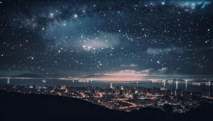 Naklejka na ściany i meble Cosmic City Skyline with Stars on the Horizon