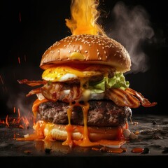 Flaming Breakfast Burger - Generative Ai Illustration