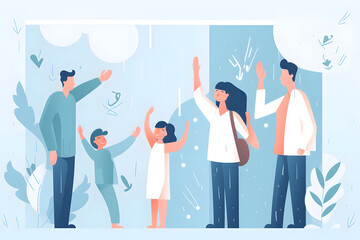 Flat vector illustration Family, medicine and high five with girl and doctor seeking medical care, trust and support in hospital ward. Communication with Mom and Pediatrician Consultant, Medicine and 