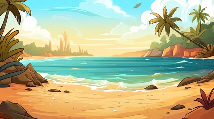 Fototapeta na wymiar Sky and sun at sea background, ocean and beach vector island scenery empty cartoon. Ocean or sea water with waves and clouds in sky summer blue seascape with cloudy sky and seaside. Generative Ai