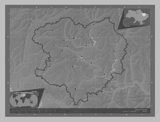 Kharkiv, Ukraine. Grayscale. Labelled points of cities