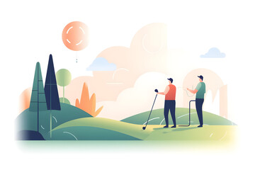 Flat vector illustration Golf lessons, gym lessons, and coaching hands help a person swing and hit a golf ball outdoors. Player-ready lens flares, greens and club support...
