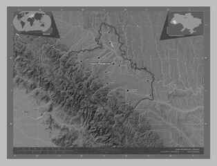 Ivano-Frankivs'k, Ukraine. Grayscale. Labelled points of cities