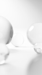 白背景に透明な球体のガラス。美白、スキンケア、化粧品の背景イメージ。（縦長）