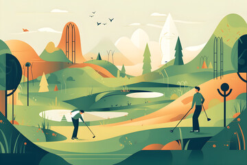 Flat vector illustration Golf, back and hobby where players swing clubs on the field or course for fun and entertainment. Golf, grass and hitting practice with a male golfer at...